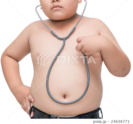 Obsese asian boy check heart by stethoscope Obsese asian boy check heart by stethoscope 24636771