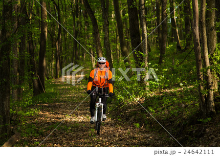 Biker in orange jersey on the forest road 24642111