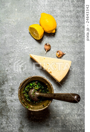 Different ingredients for Italian pesto. Different ingredients for Italian pesto. 24643342