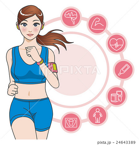 ランニングする女性とバイタルサインアイコンのイラスト素材