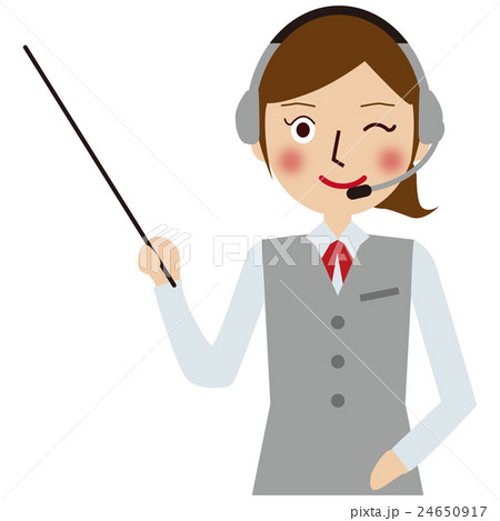 ヘッドセットをするグレーの制服の笑顔のポニーテール女性オペレーターが説明 24650917