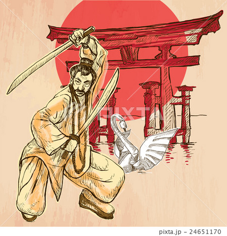 Japan. Warrior, Shinto, Swan. Hand drawn vector. 24651170
