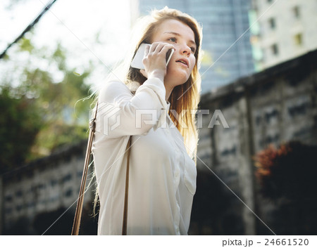Casual Cheerful Girl Alone Outdoor Recreation Concept Casual Cheerful Girl Alone Outdoor Recreation Concept 24661520