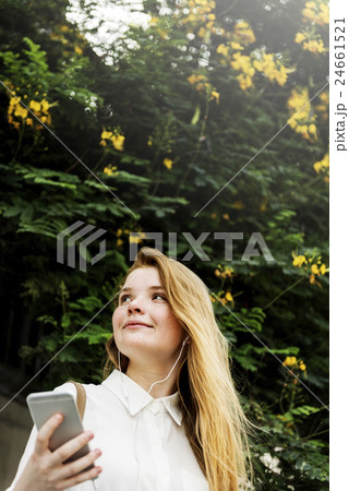 Girl Happiness Earphones Entertainment Audio Concept Girl Happiness Earphones Entertainment Audio Concept 24661521