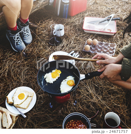 Friends Camping Morning Breakfast Cookking Concept 24671757