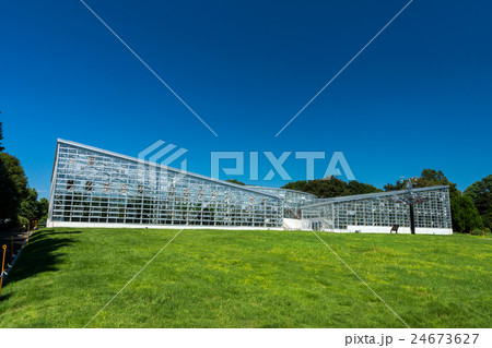 神代植物公園 大温室と芝生 左からの写真素材