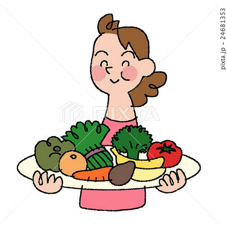 果物と野菜を食べる女性のイラスト素材