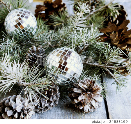 Christmas card with fir branches and decoration Christmas card with fir branches and decoration 24683169