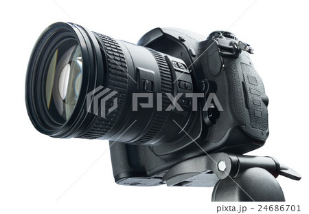 DSLR camera on tripod, isolated  white background 24686701