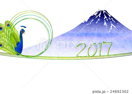 酉 孔雀 富士山 年賀状 のイラスト素材