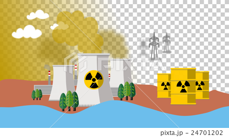 送電稼働中の原子力発電所と 放射能廃棄物のイラスト素材