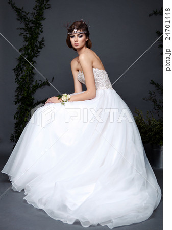 Young bride woman in wedding dress on grey background 24701448