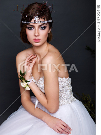 Young bride woman in wedding dress on grey background 24701449