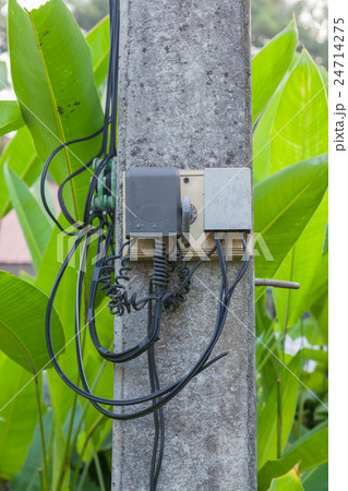 Box of telephone line attached to the pole. Box of telephone line attached to the pole. 24714275