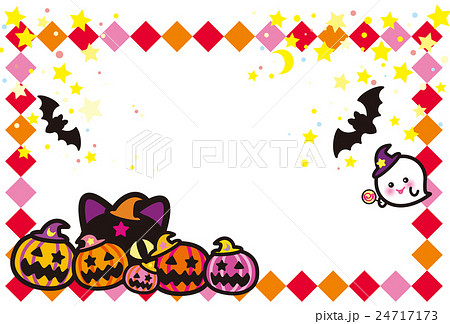 ハロウィン かぼちゃ コウモリ 猫 おばけ ポストカードのイラスト素材