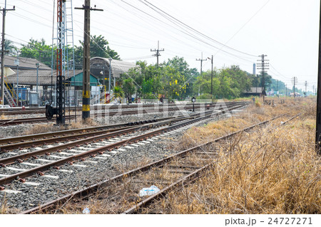 Vacant Rail way switch track with yellow die grass Vacant Rail way switch track with yellow die grass 24727271