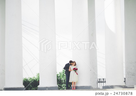 Beautiful couple, bride and groom posing near big 24730878