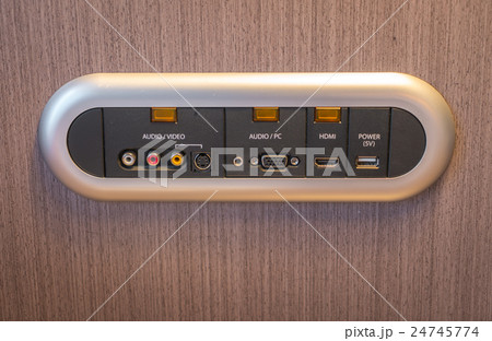 Modern TV audio video input panel on wall . Modern TV audio video input panel on wall . 24745774