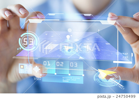 close up of woman with transparent smartphone 24750499