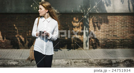 Casual Cheerful Girl Alone Outdoor Recreation Concept 24751934