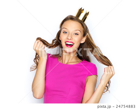 happy young woman or teen girl in pink dress 24754883