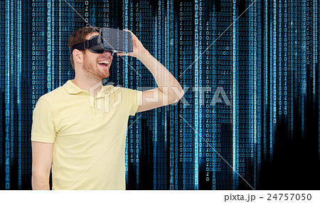 happy man in virtual reality headset or 3d glasses 24757050