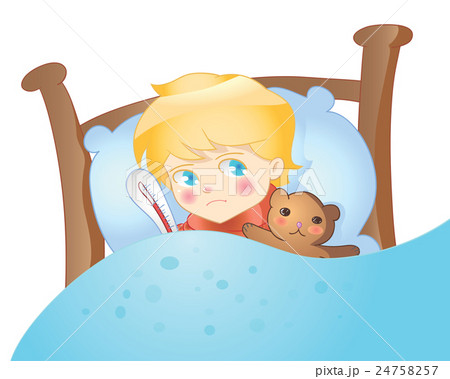Sick boy lying in bed vector 24758257