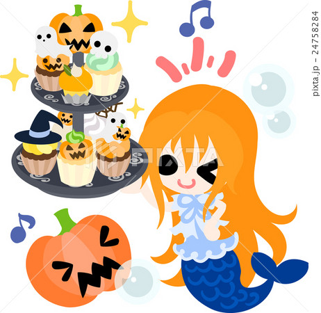 ハロウィンとジャックオランタンと可愛い人魚のイラスト素材