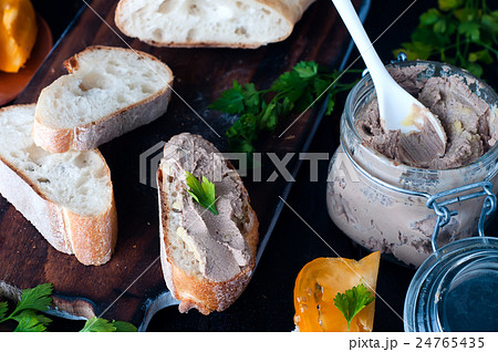 mousse, pate in a jar with baguette and parsley mousse, pate in a jar with baguette and parsley 24765435