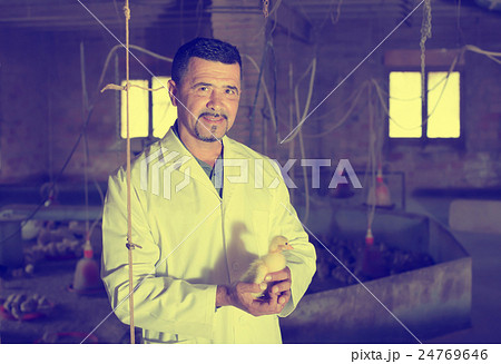 Glad man in white coat having duckling in hands Glad man in white coat having duckling in hands 24769646