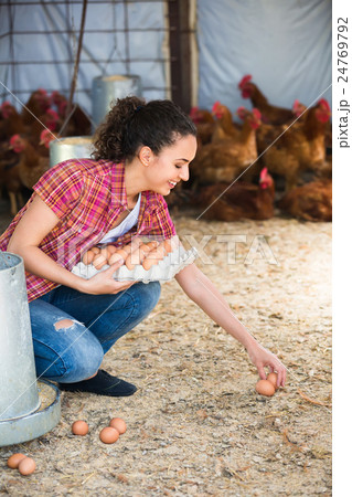 Female farmer picking fresh eggs in coop. 24769792