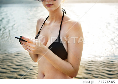 Girl Mobile Phone Communication Technology Beach Summer Concept Girl Mobile Phone Communication Technology Beach Summer Concept 24776585