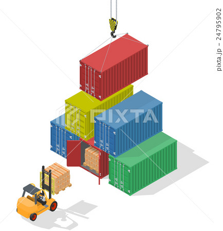Unloading of sea cargo containers by a forklift Unloading of sea cargo containers by a forklift 24795902