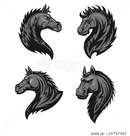 Raging stallion head heraldic icons set 24797407