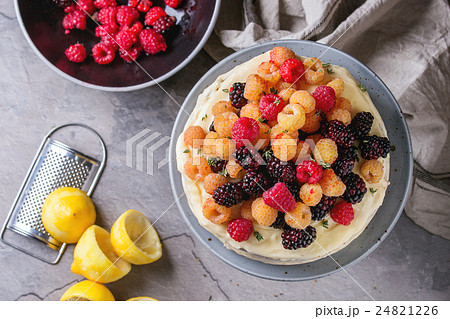 Lemon Cake with colorful raspberries Lemon Cake with colorful raspberries 24821226