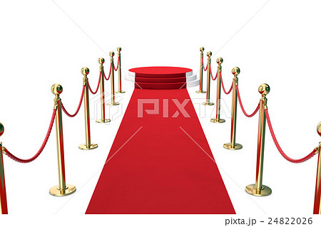 Red carpet with golden barrier and ropes. Stairway 24822026