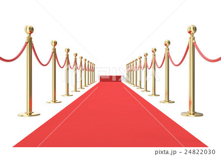 Red carpet with golden barrier and ropes. Stairs 24822030