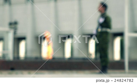 Defocused eternal flame memorial and armed guard 24824782