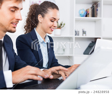 Glad business female assistant wearing formalwear using laptop 24828958