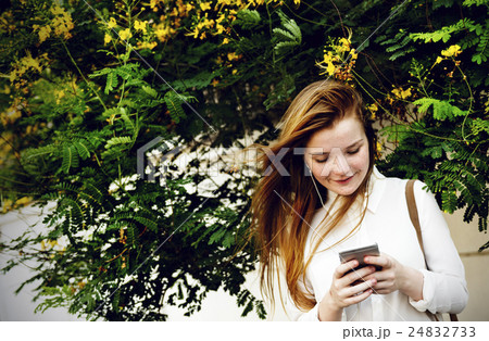 Casual Cheerful Girl Alone Outdoor Recreation Concept 24832733