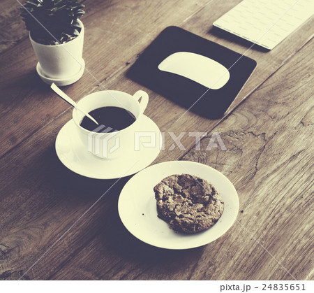 Coffee Cookie Plant Wooden Start Up Breakfast Concept Coffee Cookie Plant Wooden Start Up Breakfast Concept 24835651