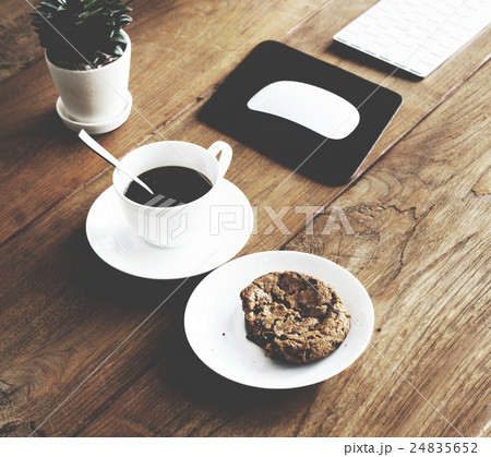 Coffee Cookie Plant Wooden Start Up Breakfast Concept 24835652