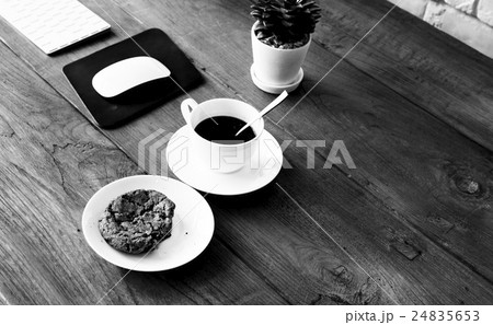 Coffee Cookie Plant Wooden Start Up Breakfast Concept Coffee Cookie Plant Wooden Start Up Breakfast Concept 24835653