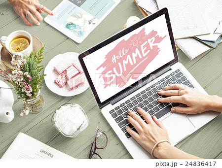 Using Notebook Summer Tea Break Relax Concept 24836417