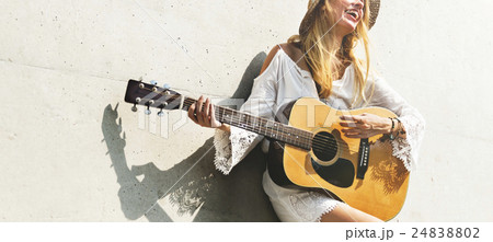Guitar Girl Relaxation Casual Instrument Leisure Concept 24838802