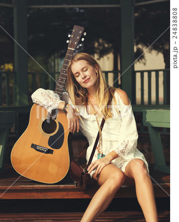 Guitar Girl Relaxation Casual Instrument Leisure Concept 24838808