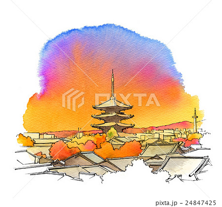 夕焼け空の京都のイラスト素材
