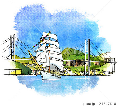 長崎港の帆船のイラスト素材