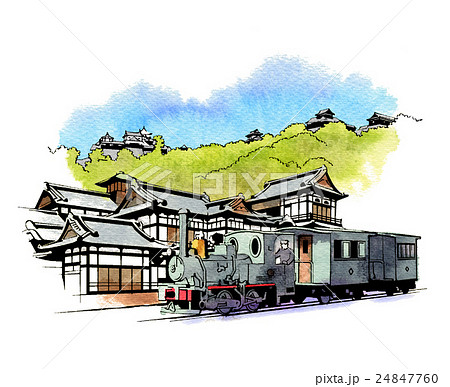 道後温泉 松山城 ぼっちゃん列車のイラスト素材