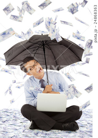 business man sitting floor and holding umbrella business man sitting floor and holding umbrella 24868363